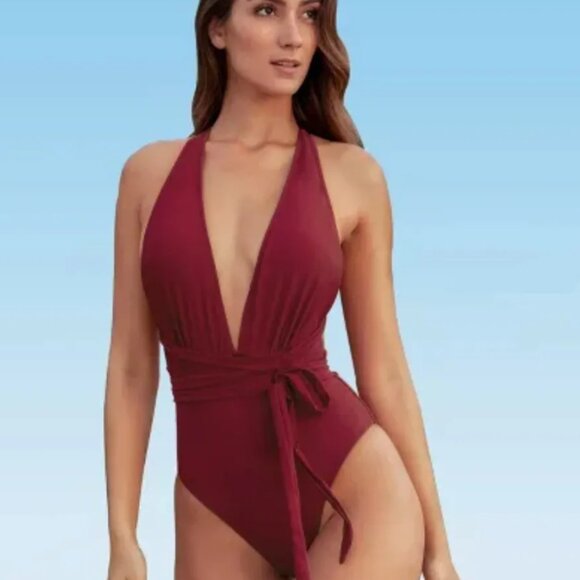 Cupshe Other - CUPSHE One Piece Burgundy Red Swimsuit Deep V Neck Backless Long Tie Belt Large